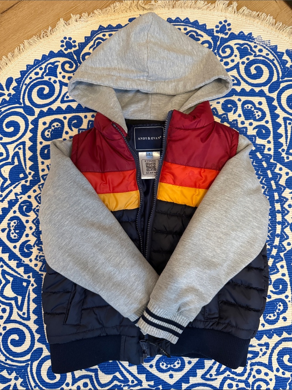 Andy & Evan Red, Orange, Yellow & Navy Hooded Colorblock Puffer Jacket